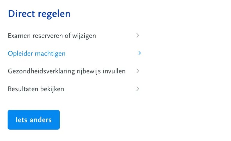 Schermafbeelding van cbr.nl: Kies “Opleider machtigen”