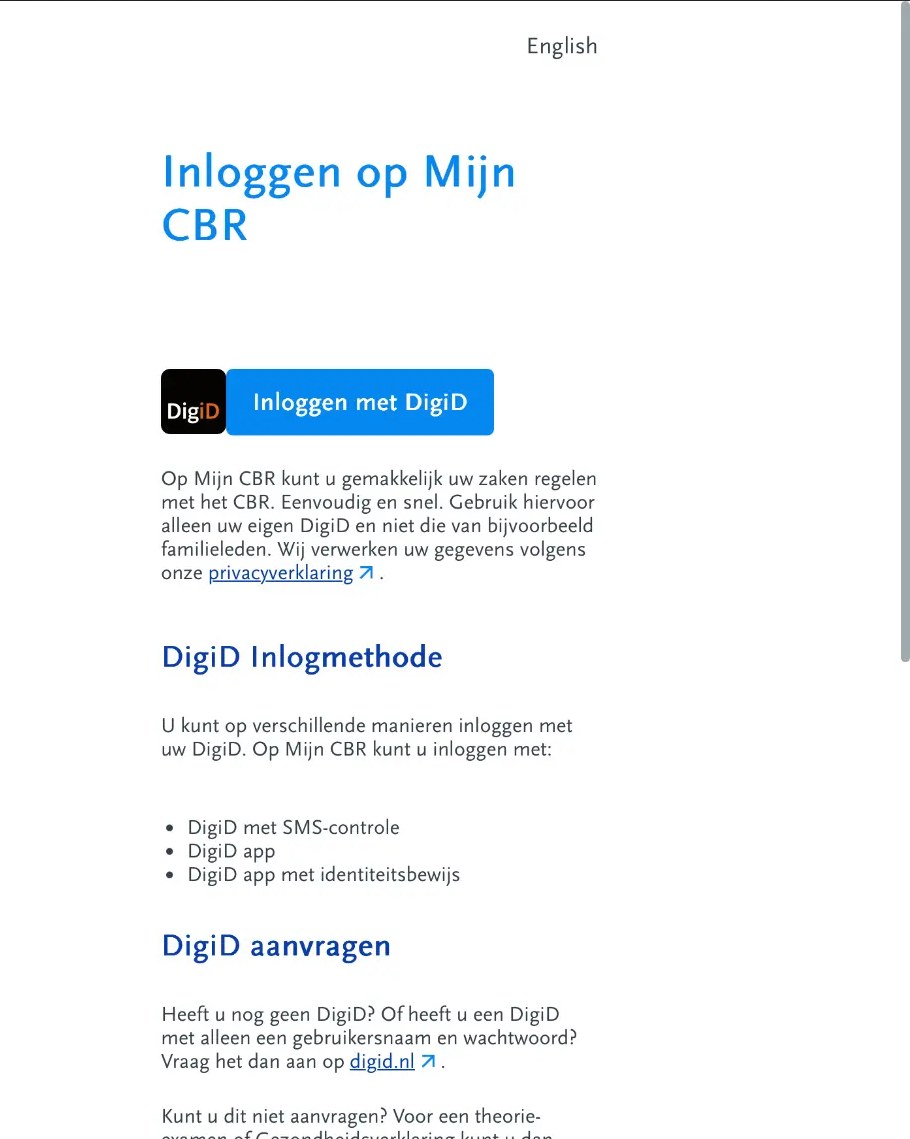 Schermafbeelding van cbr.nl: Log in met DigiD