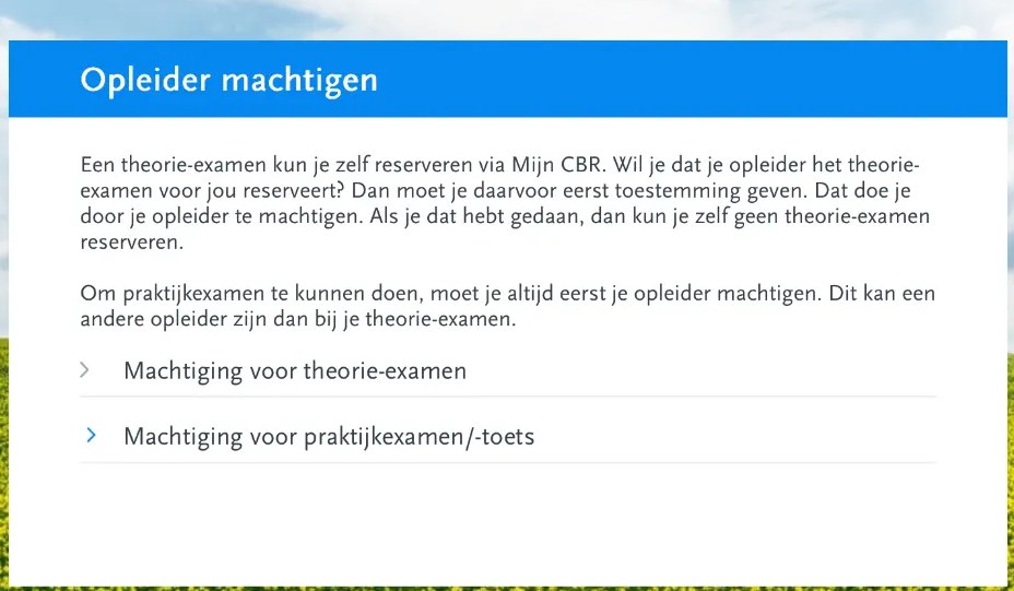 Schermafbeelding van cbr.nl: Kies “Opleider machtigen”