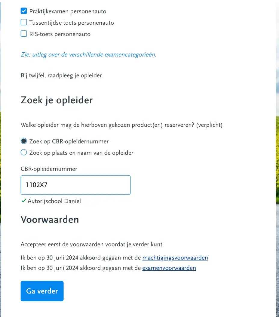 Schermafbeelding van cbr.nl: Vul ons rijschoolnummer in